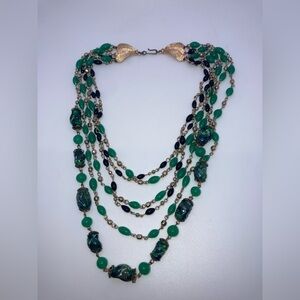 Vtg Green Glass Bead Multi Strand Waterfall Necklace Sits @ 15” / 19” Total